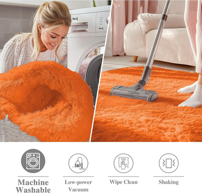 OLANLY Orange Round Area Rug - Soft, Fluffy, Machine Washable 9 ft Circle Carpet for Bedroom & Living Room Decor