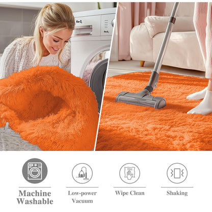 OLANLY Orange Round Rugs for Bedroom - Machine Washable, 4 ft Circle Area Rugs for Living Room, Soft and Fluffy Shaggy Carpet for Teen Girl and Boys, Nursery Rooms, Dorms, Home Decor Aesthetic