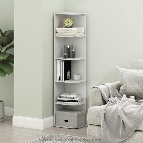 Furinno PASIR 5-Tier Corner Bookshelf - Stylish Open Shelf Bookcase for Living Room, Bedroom, Home Office | White, 9.3 x 12 x 51.7