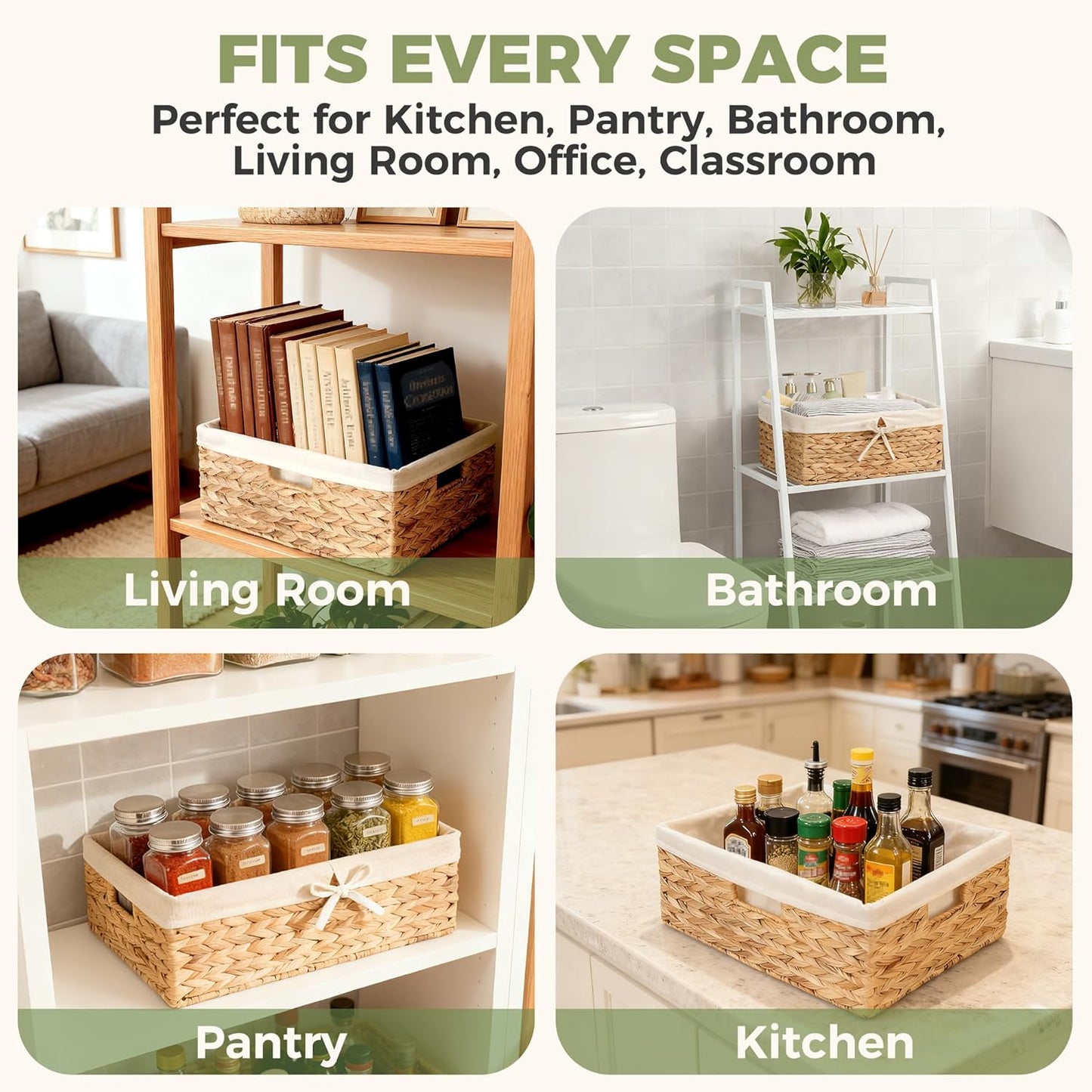 Wicker Shelf Storage Baskets - Natural Water Hyacinth Organizers with Handles & Cotton Liner | Large 15” x 12” x 6”