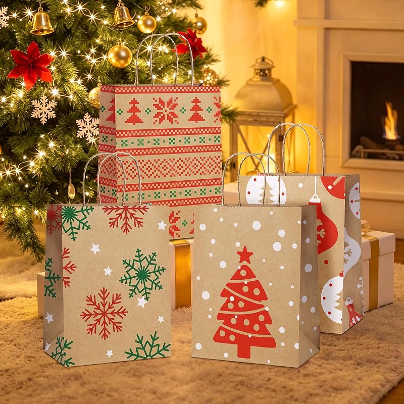 Christmas Gift Bags 24 Pcs Kraft Gift Bags with Handles - 8x4.25x10.5 - 6 Designs (Variation: Christmas Pattern A+1 Count Pack of 24)