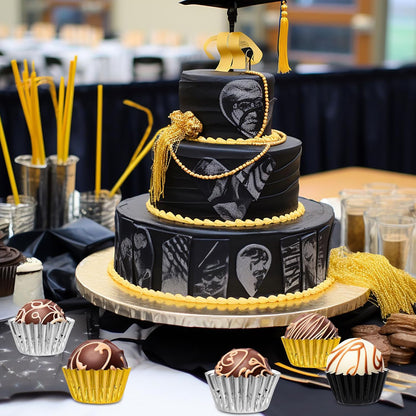Whaline Graduation Mini Cupcake Liners - 300 Pcs Black Gold Silver Foil Baking Cups for Parties