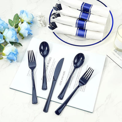 200 Pc Blue Pre-Rolled Plastic Cutlery Set - 200 Forks, Knives, Spoons + Napkins (Variation: 200PC+Blue)