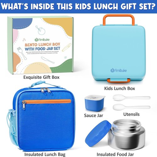 Fimibuke Kids Bento Lunch Box - Leakproof Insulated Container with 8.5oz Food Jar & Utensils | BPA Free, Dishwasher Safe