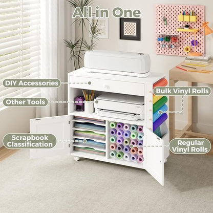 Kikihouse Craft Organizer Cart - Storage Cabinet for Cricut with 30 Vinyl Roll Holder | Ideal for Home Craft Room