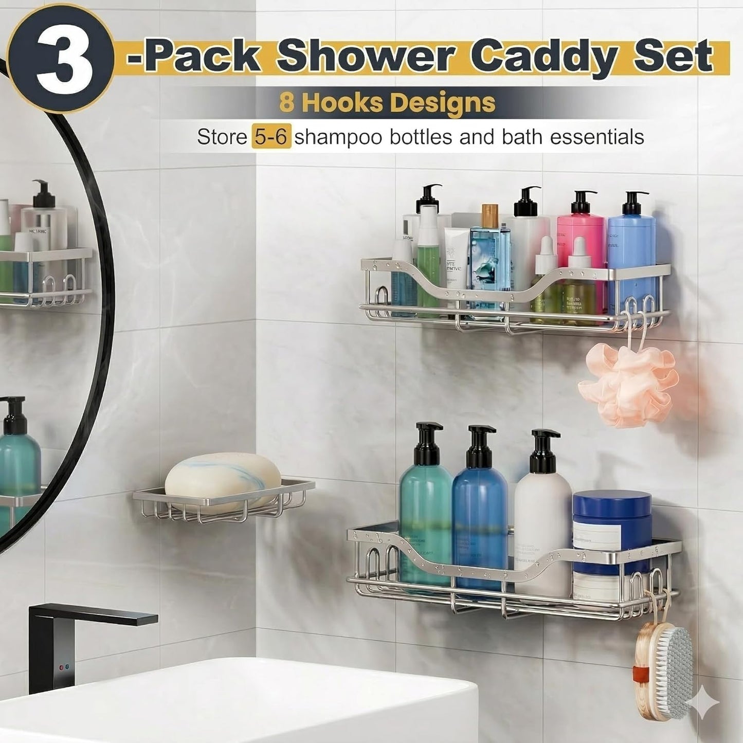 OMAIRA Shower Caddy - 3-Pack Adhesive Rustproof Organizer with Soap Holder for Smooth Walls | Silver (Large)