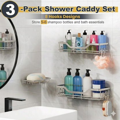 OMAIRA Shower Caddy - 3-Pack Adhesive Rustproof Organizer with Soap Holder for Smooth Walls | Silver (Large)
