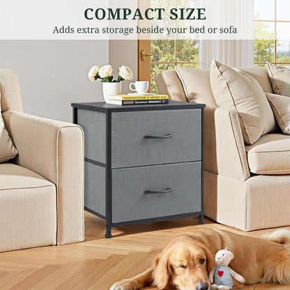 Regine Switzerland Nightstand - Small 2-Drawer Dresser with Wooden Top & Fabric Bins | Gray, 11.8” D x 18” W x 20” H