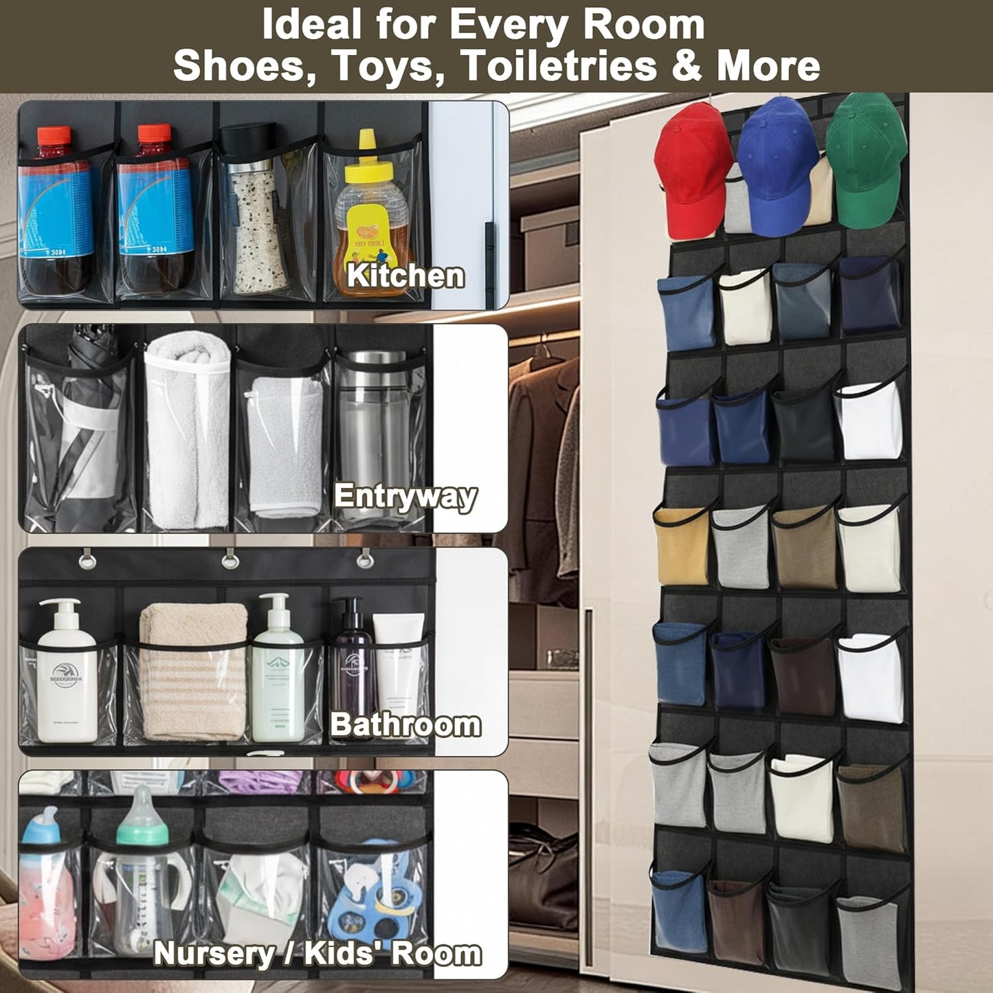 Over The Door Shoe Organizer - Space-Saving Rack with 24 Clear Pockets & Metal Hooks | Black