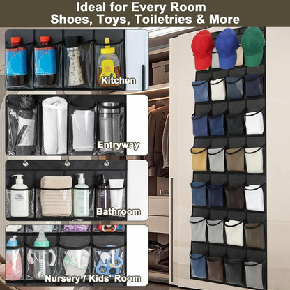 Over The Door Shoe Organizer - Space-Saving Rack with 24 Clear Pockets & Metal Hooks | Black