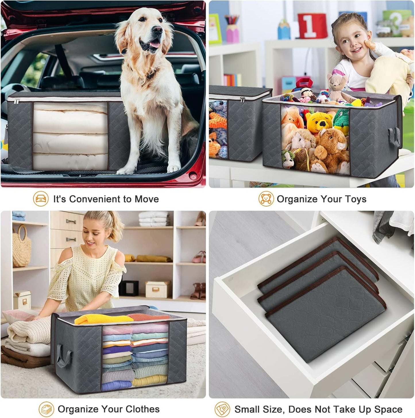 Skiennix 90L Large Storage Bags - 6 Pack & Under Bed Storage Containers - Gray, Reinforced Handles for Clothes & Bedding