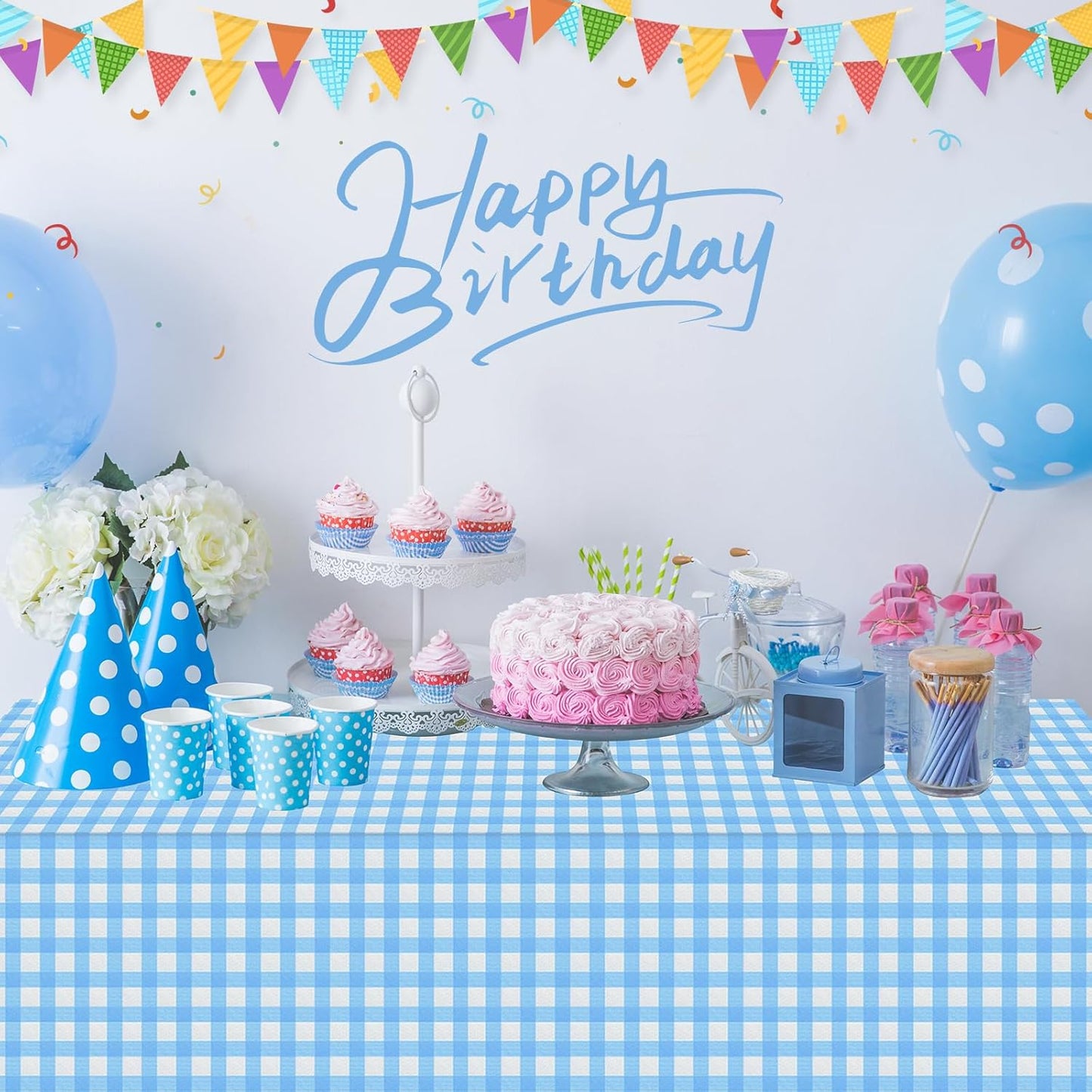 Skiennix Light Blue Gingham Tablecloths - Disposable Plastic Checkered Covers for Parties | 54 x 108 Inch