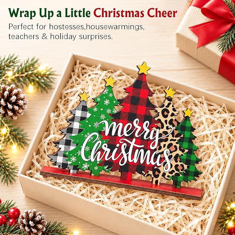 Five-Tree Christmas Sign - Buffalo Plaid & Leopard Print Wooden Christmas Decoration - Variation: Christmas1