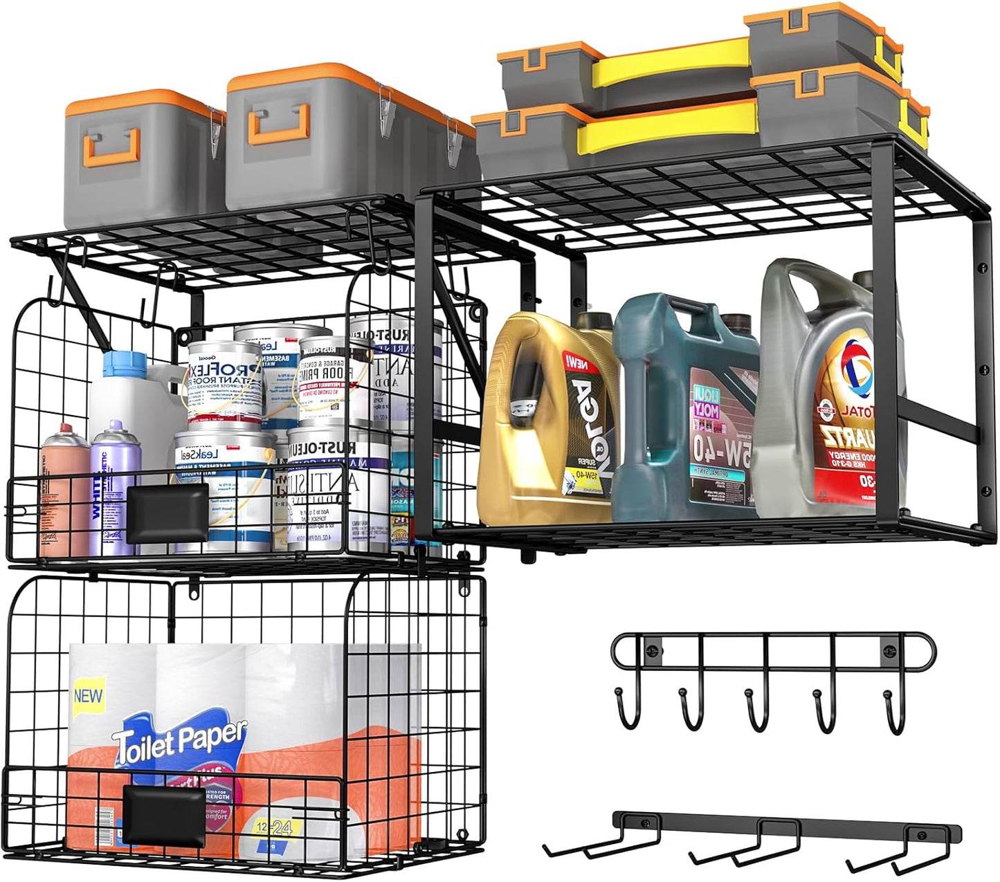 ThreeHio Garage Shelf - Heavy Duty Wall Mounted Storage with Wire Baskets & Tool Rack | Organizer for Home & Garden