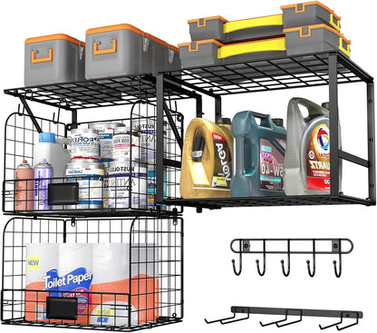 ThreeHio Garage Shelf - Heavy Duty Wall Mounted Storage with Wire Baskets & Tool Rack | Organizer for Home & Garden