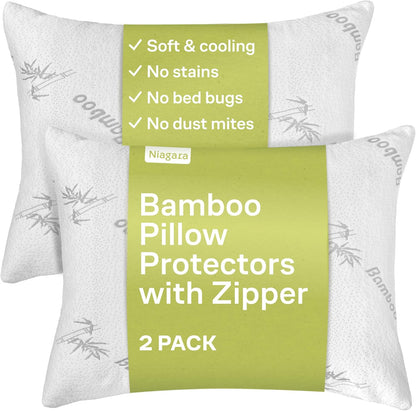 Niagara Sleep Solution Cloud-Like Pillow Protectors - Breathable Cooling Zipper Covers | Queen Size, 2-Pack (White)