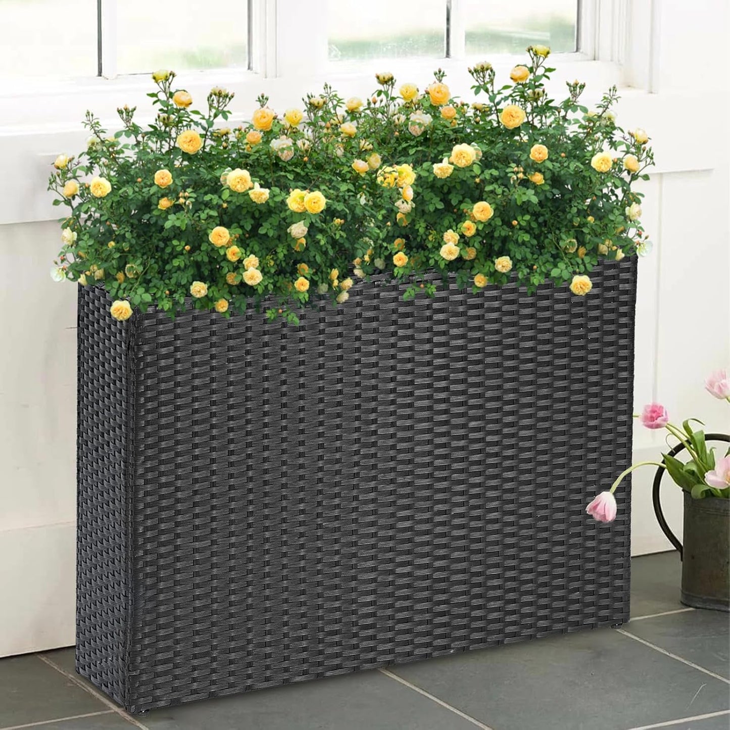 SUNNYPARK Tall Rectangular Planter - All-Weather PE Rattan for Indoor/Outdoor Use | Large Modern Design