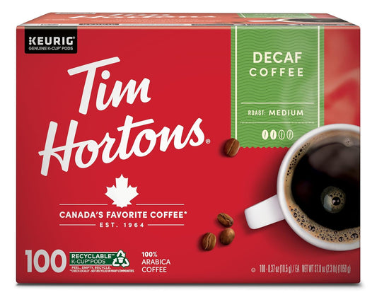 Tim Hortons Decaf Medium Roast Coffee - Single-Serve K-Cup Pods for Keurig Brewers | 100 Count