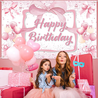 Skiennix Pink Bow Birthday Backdrop - Happy Birthday Banner Decorations for Girls' Parties