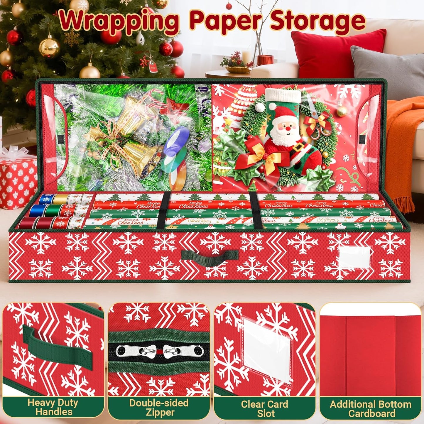 Skiennix Christmas Wrapping Paper Organizer - Flexible Partition & Pockets for Holiday Storage | Red Wave & Snowflake Design
