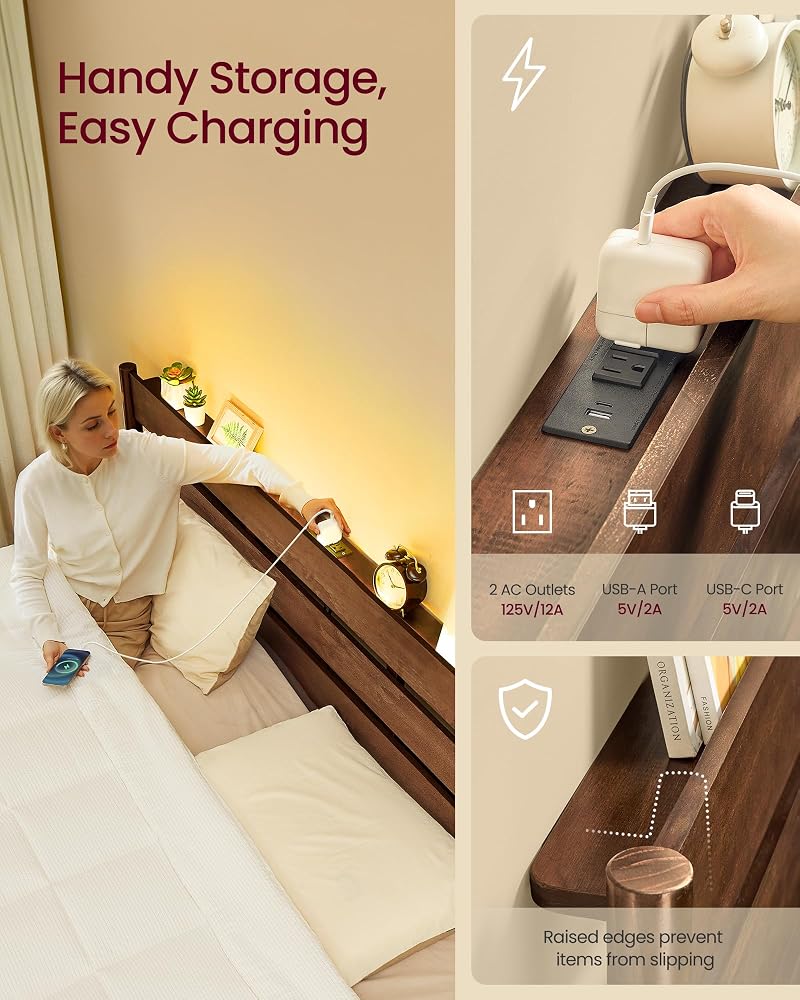 Queen Bed Frame with Headboard Storage & Charging Station - VASAGLE Coffee Brown, 1100 lb Capacity