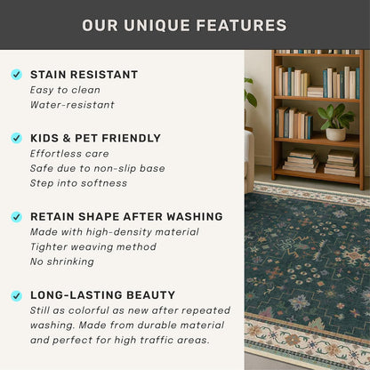 Regine Switzerland Dark Green Washable Kitchen Runner Rug - 2'6"x8' Non-Slip Rubber Backing, Stain Resistant