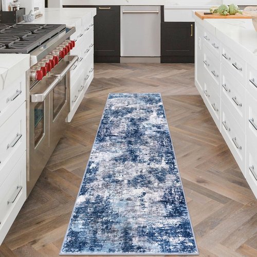 Lansny Modern Abstract Runner Rug - Washable Non-Slip Soft Hallway Rug | 2x6 Grey Navy Design