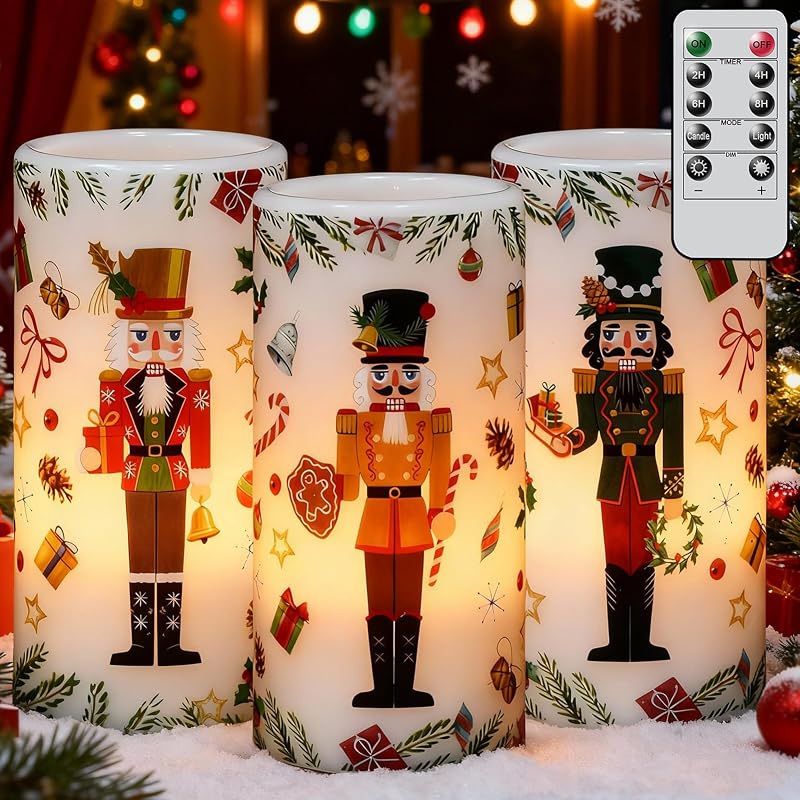 Christmas Nutcracker Flameless Pillar Candles with Remote Timer - 3 Pack