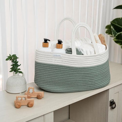 Comfy Cubs Diaper Caddy Organizer - Large 8.5" x 15" x 8" Cotton Basket with 3 Compartments - Stylish Sage Design for Baby Essentials