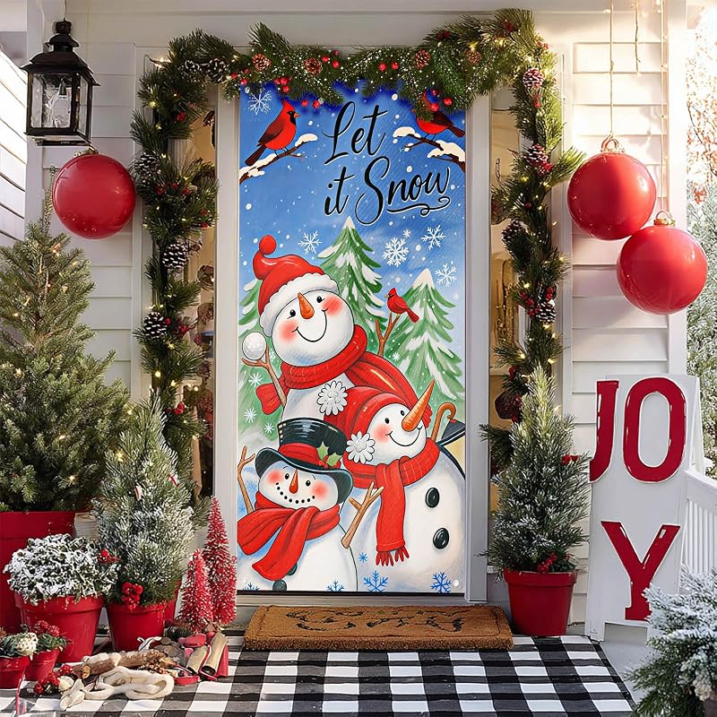 Door Cover Winter Wonderland Snowmen Pair - 35x71 Inch Polyester, Three Snowmen Variation