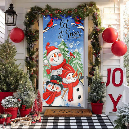 Door Cover Winter Wonderland Snowmen Pair - 35x71 Inch Polyester, Three Snowmen Variation