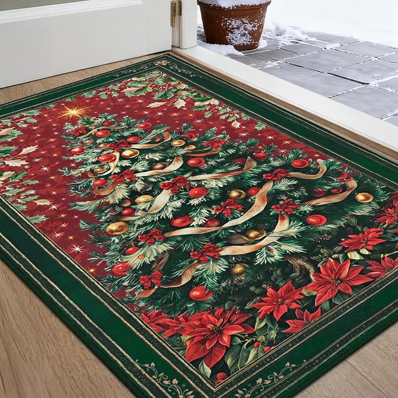2x3 ft Red Christmas Area Rug with Non-Slip Backing - Washable Entryway Door Mat, Vintage Tree Design