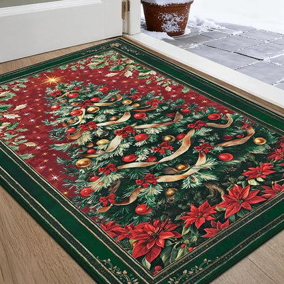 2x3 ft Red Christmas Area Rug with Non-Slip Backing - Washable Entryway Door Mat, Vintage Tree Design