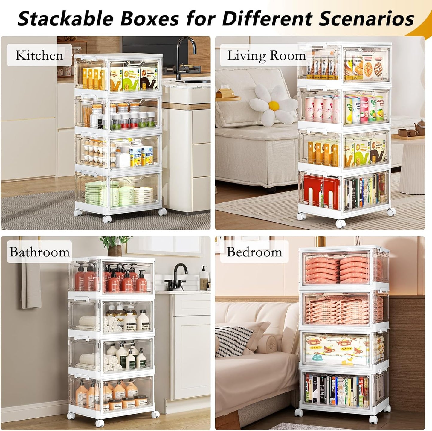 SNSLXH Clear Storage Bins - 24QT Portable Bins with Lid & Wheels | Stackable 4-Tier Design for Home & Office