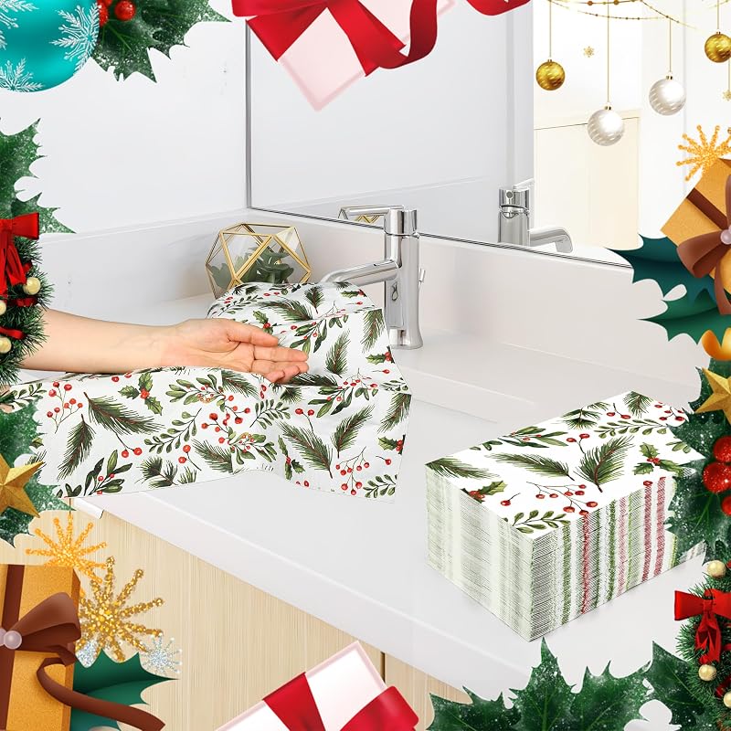 50 Count Christmas Berry Napkins 3-Ply Paper Party Guest Hand Towels 7.9 x 4.3 in Folded