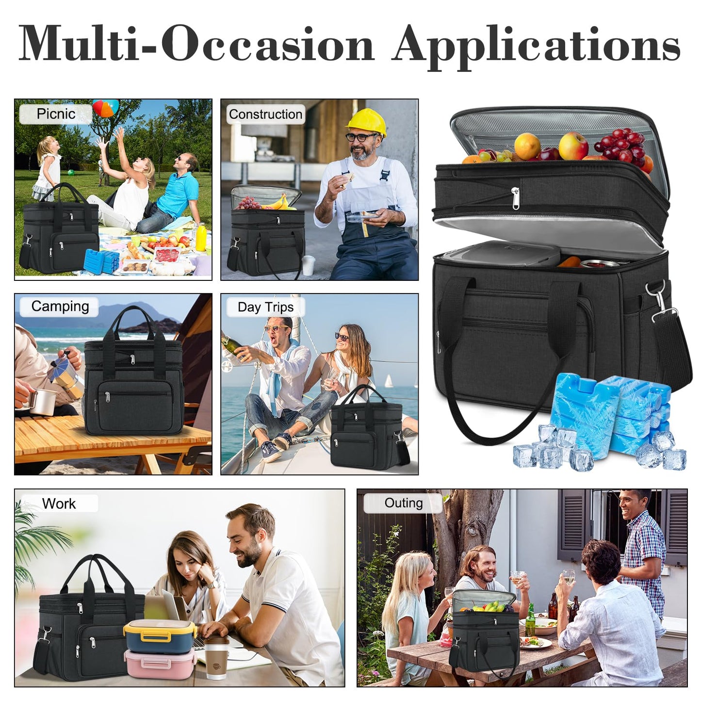 Expandable Insulated Large Cooler Lunch Box for Men 23L Heavy Duty Double Deck Leakproof Lunch Bag with 4 Ice packs&2 Snack Bags for Adult/Construction/Women/Work/Picnic/Camping - Black