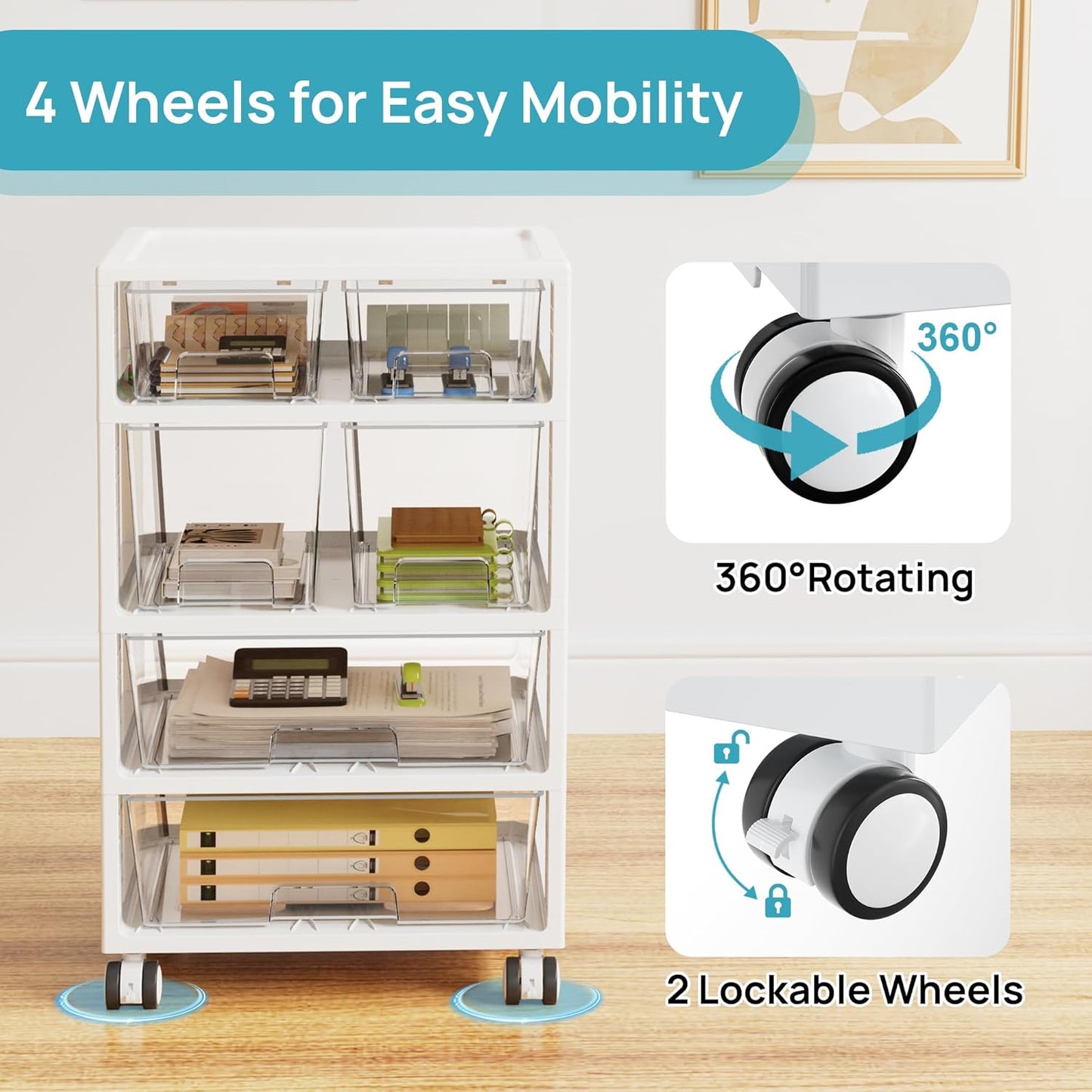 Vtopmart Plastic Drawer Organizer - 4-Tier Storage with 6 Drawers & Wheels | Clear for Office & Crafts