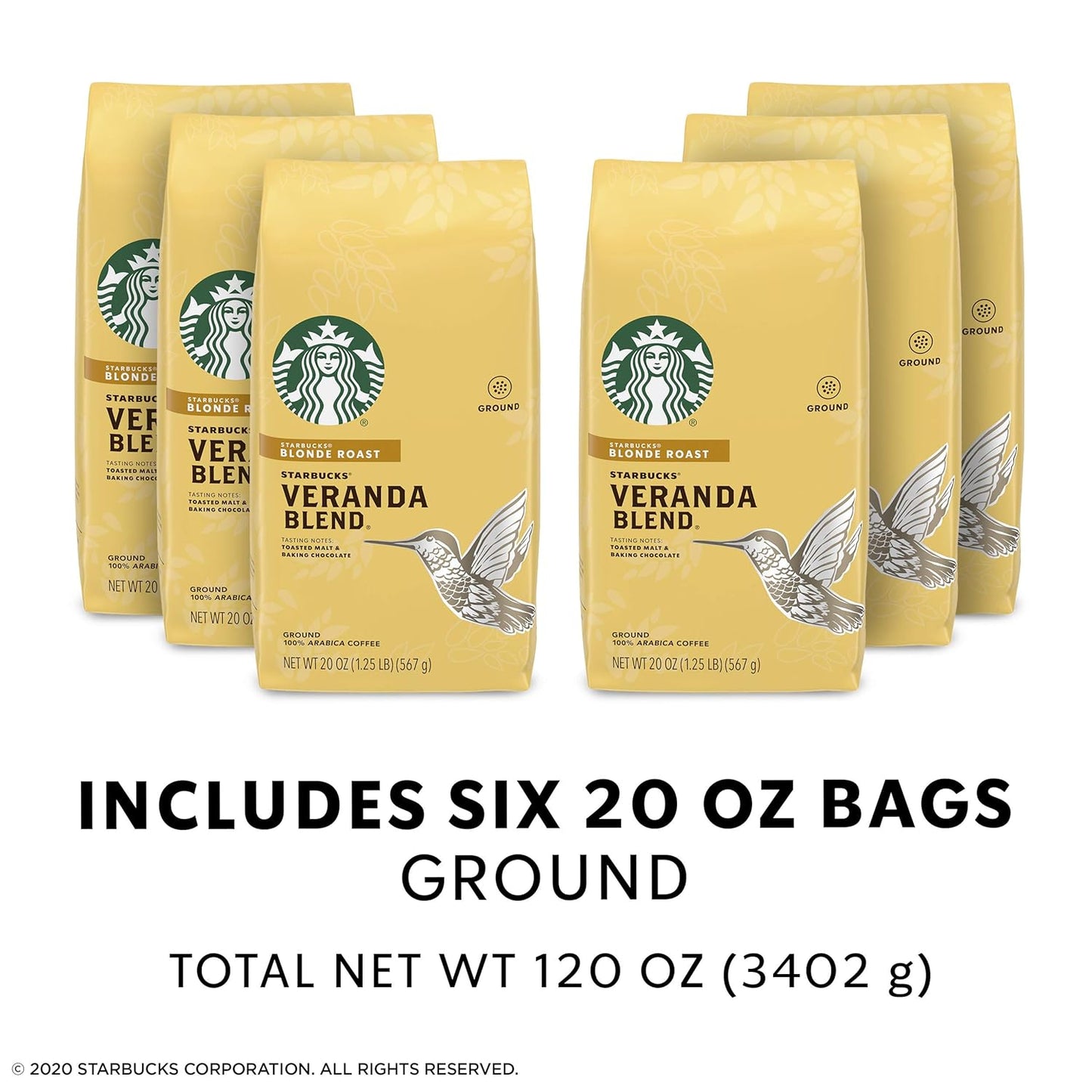 Starbucks Veranda Blend Ground Coffee - Smooth & Light Roast - 20 Ounce Bags (Pack of 6)