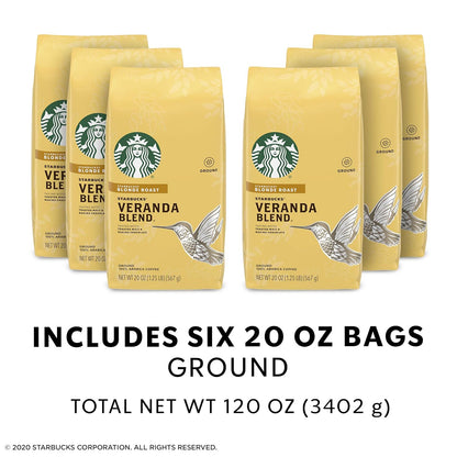 Starbucks Veranda Blend Ground Coffee - Smooth & Light Roast - 20 Ounce Bags (Pack of 6)