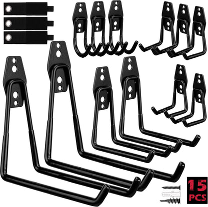 Regine Switzerland Heavy-Duty Garage Tool Storage Wall Hook Set - 15PCS Organizer for Garden Tools, Bikes & Ladders - Black