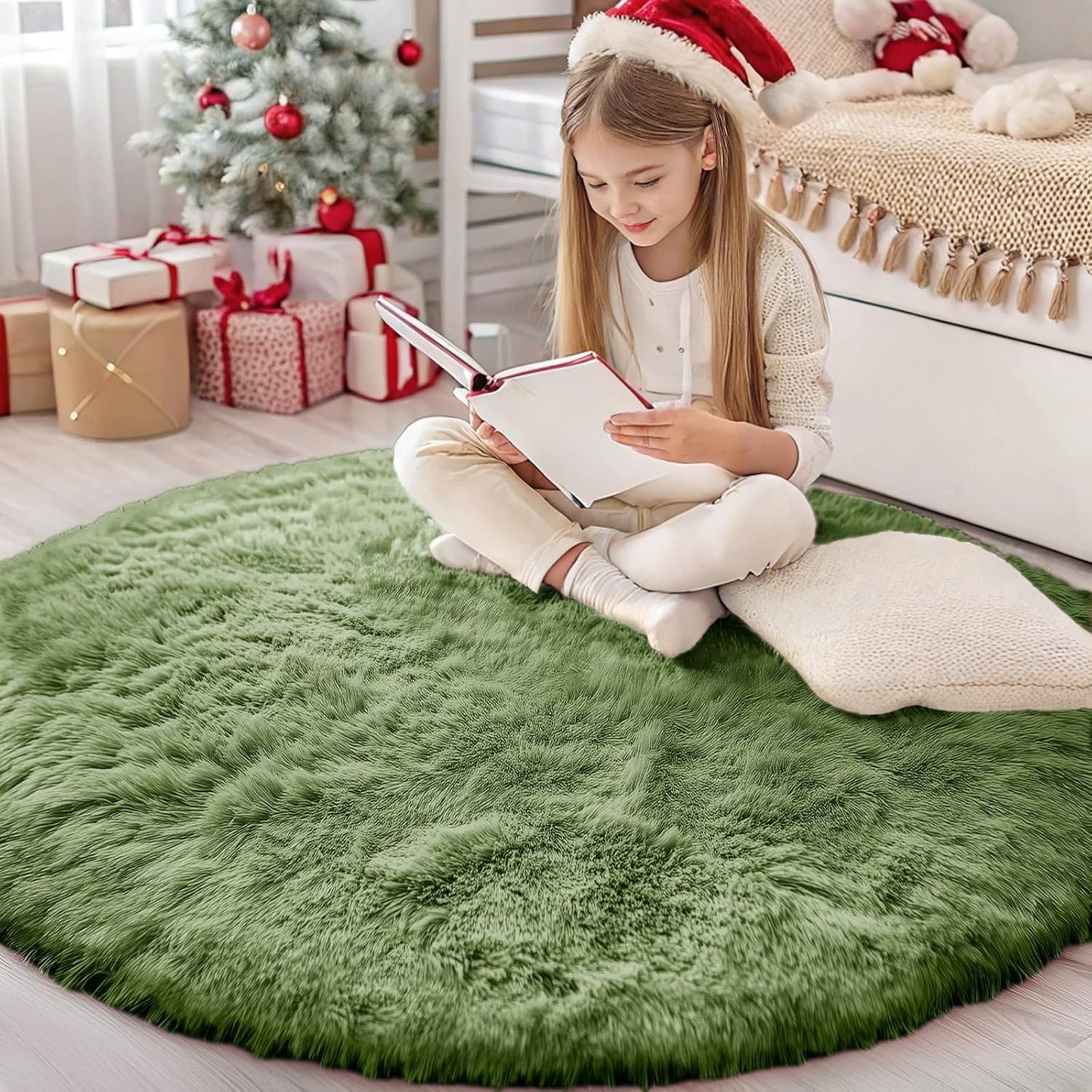 OLANLY Green Round Area Rug - Soft, Fluffy, Machine Washable 4 ft Circle Carpet for Bedroom & Living Room Decor