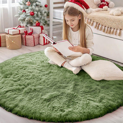 OLANLY Green Round Area Rug - Soft, Fluffy, Machine Washable 4 ft Circle Carpet for Bedroom & Living Room Decor
