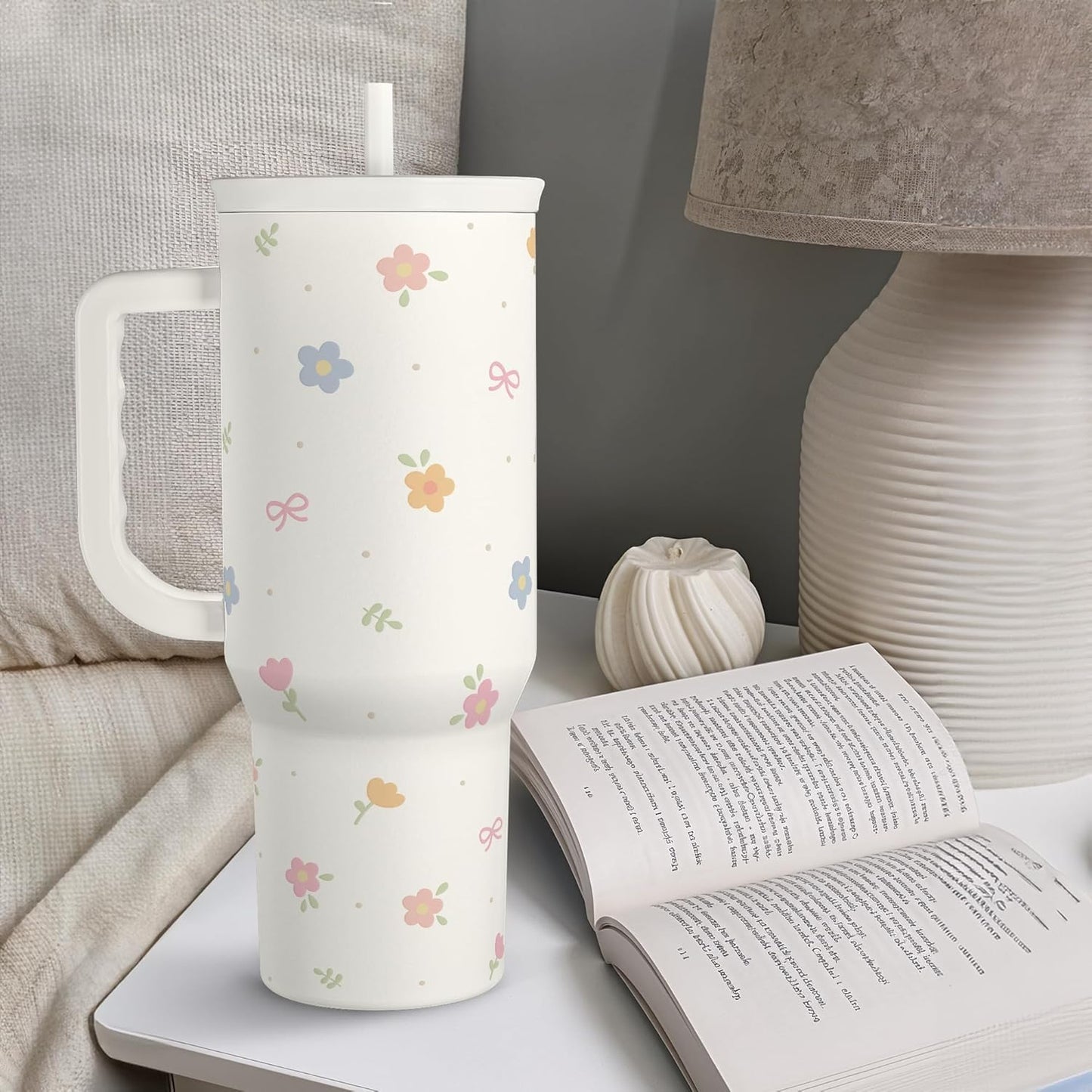 Skiennix Floral 40oz Slider Tumbler - Insulated Stainless Steel Travel Mug with Handle & Straw for Women