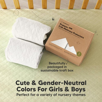 2-Pack Waterproof Crib Mattress Protector Cover Fitted - Quiet Baby Crib Mattress Pad Sheets, 52" x 28" Soft Quilted Cotton Baby Sheet, Machine Washable, Easy Fit, Durable (Soft White/Mavy)