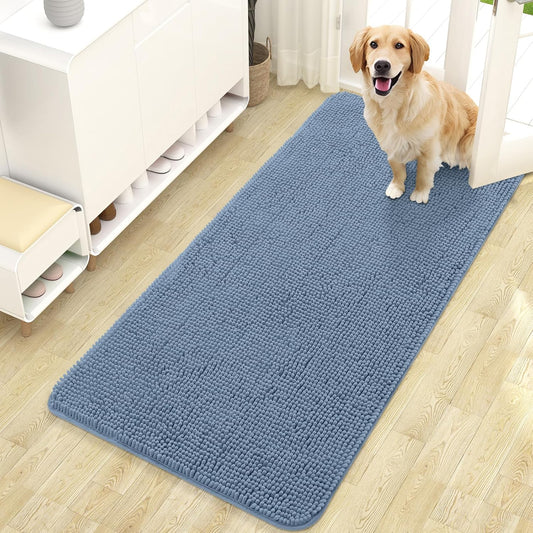 OLANLY Dog Door Mat - Absorbent Non-Slip Washable Chenille Mat for Muddy Paws | 47x24, Airy Blue