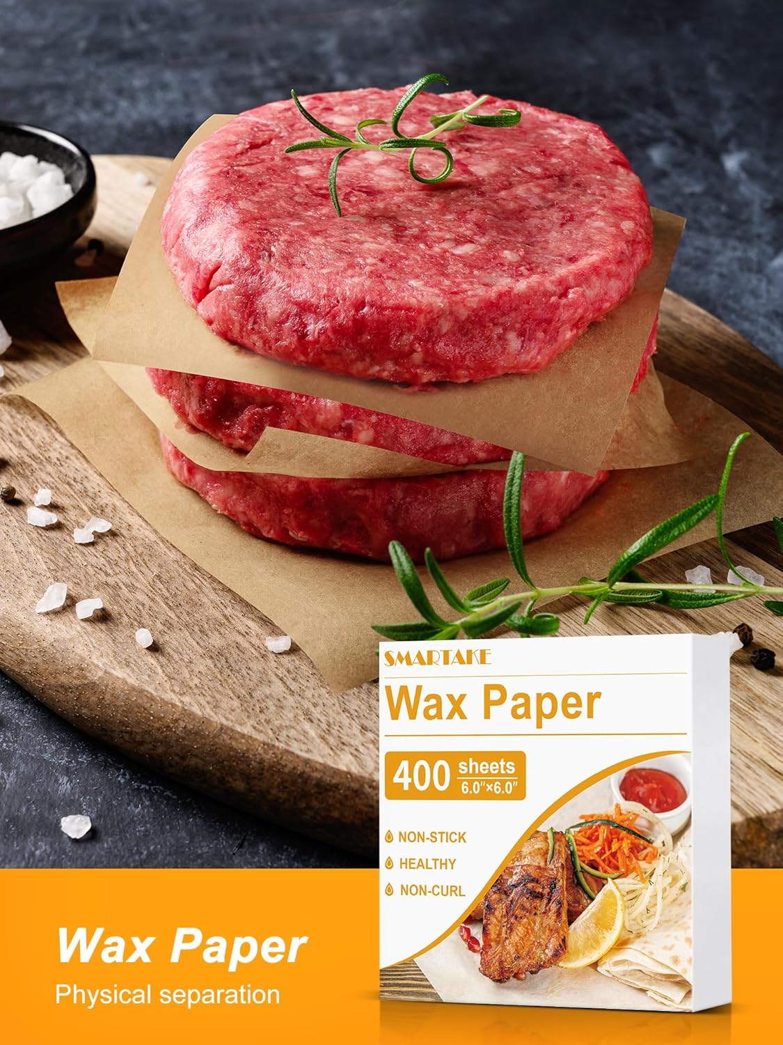 SMARTAKE Wax Paper - 400 Pcs Non-Stick Hamburger Patty Sheets | 6 x 6 Inches for Food, Parties & Picnics