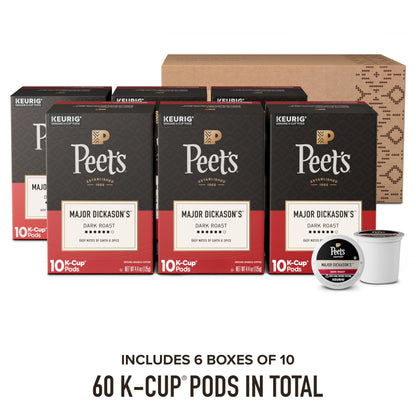 Peet's Coffee, Dark Roast Keurig K-Cup Pods, 100% Arabica Coffee - Major Dickason's Blend 60 Count (6 Boxes of 10 K-Cup Pods)