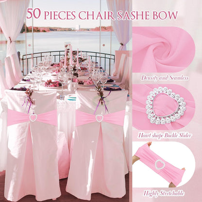 VitalCozy Spandex Chair Sashes - 50 Pcs with Heart Shaped Buckle Slider | Pink Elastic Chair Ties for Weddings & Events