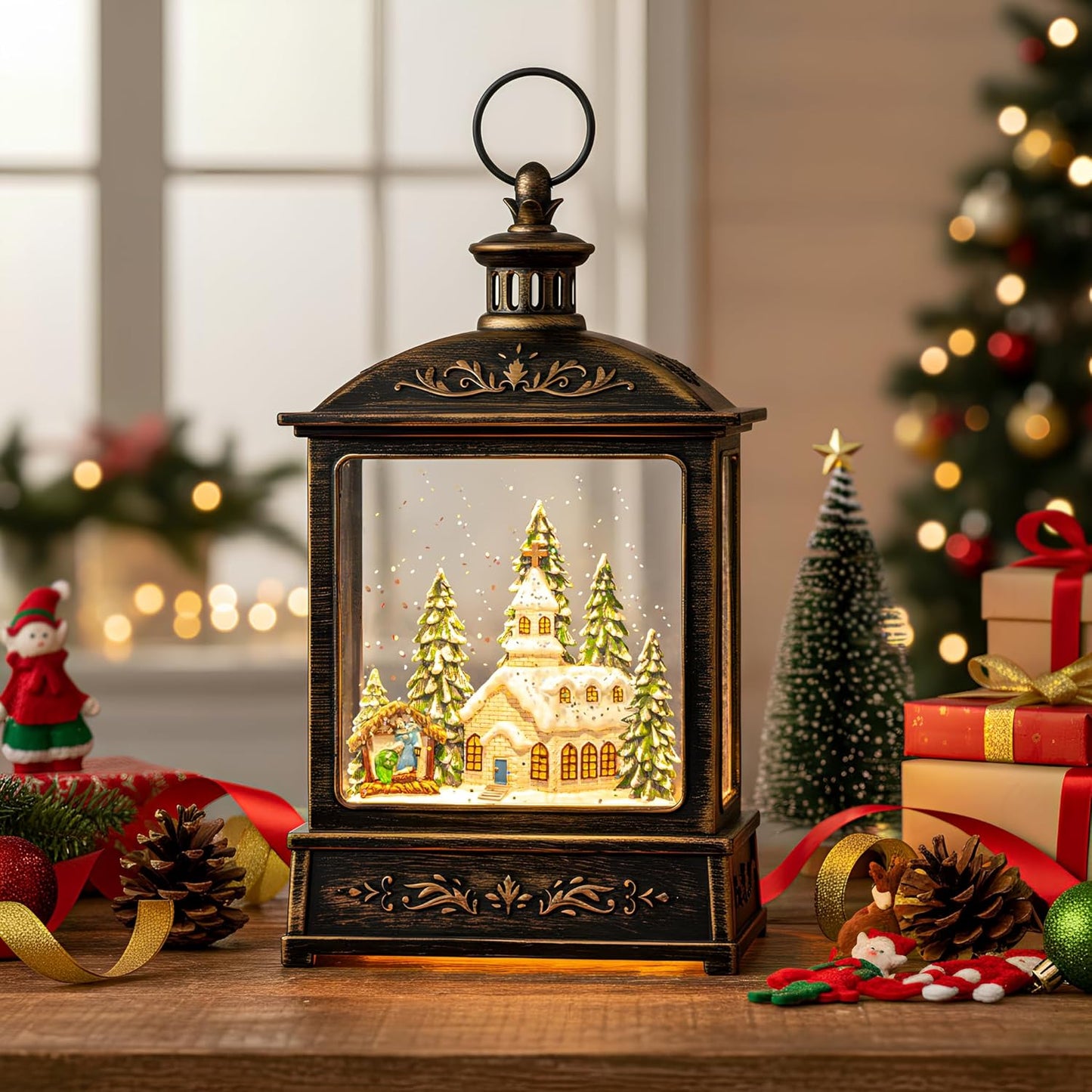 Skiennix 12.5'' Musical Snow Globe Lantern - Lighted Church with Nativity Scene | Battery or USB Powered Christmas Decor