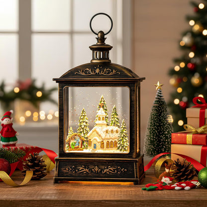 Skiennix 12.5'' Musical Snow Globe Lantern - Lighted Church with Nativity Scene | Battery or USB Powered Christmas Decor